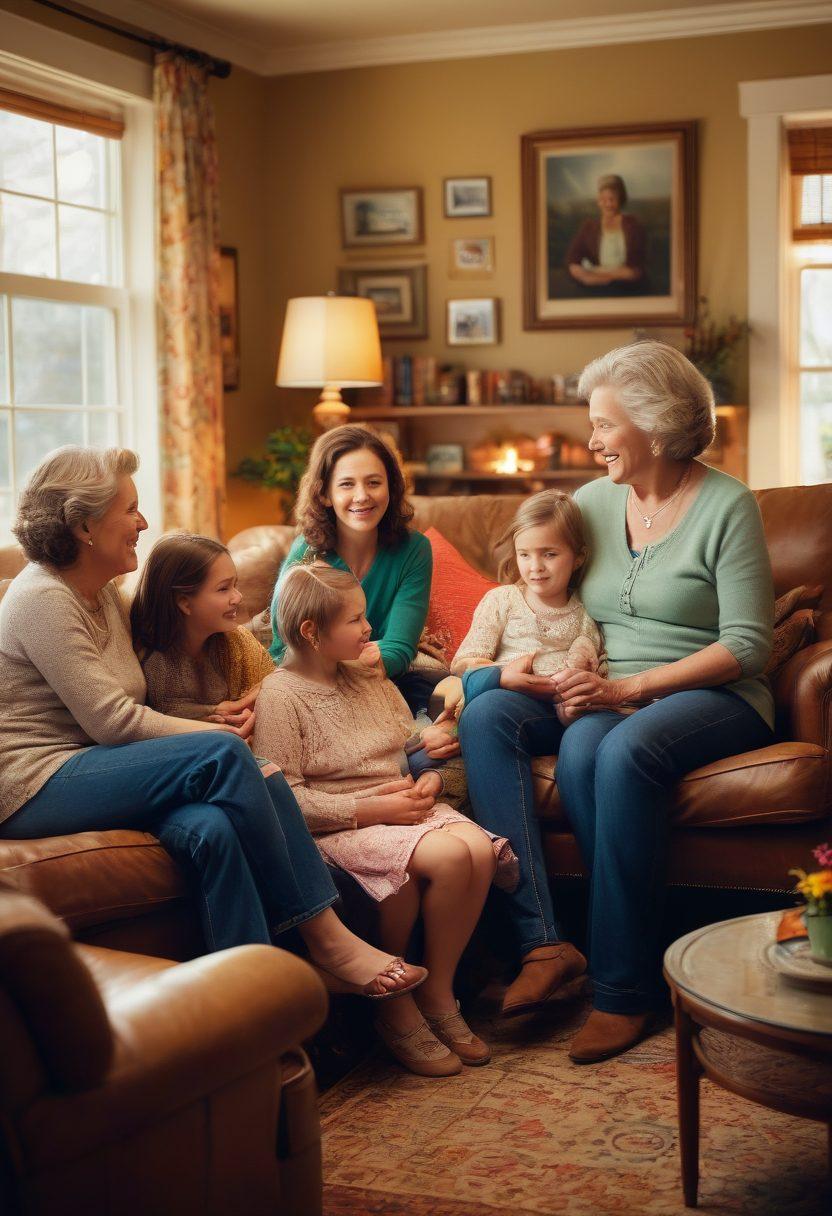 A warm, inviting family scene depicting a multi-generational family gathering in a cozy living room, showcasing diverse family members interacting and sharing stories. Central focus on a mother and child sharing a moment filled with love and connection, surrounded by photographs and heirlooms representing family heritage. Soft, natural lighting emphasizing familial warmth and bonds. nostalgic, vibrant colors. super-realistic.