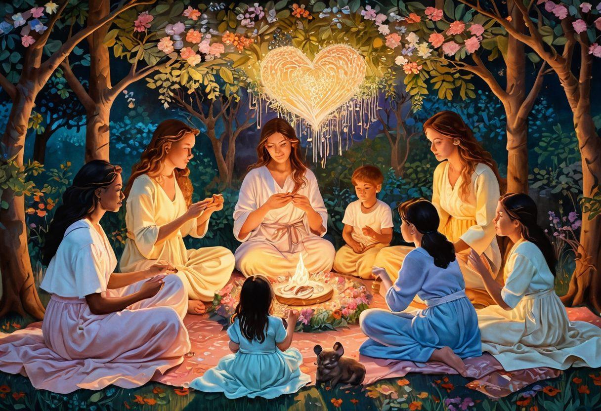 A beautifully woven tapestry representing maternal bonds, with a glowing thread connecting multiple family members engaged in activities like playing, cooking, and storytelling. Surround the tapestry with soft pastel colors, symbolizing warmth and love, while subtle heart motifs float in the background. Ethereal lighting enhances the sense of connection and harmony. painting. vibrant colors. soft focus.