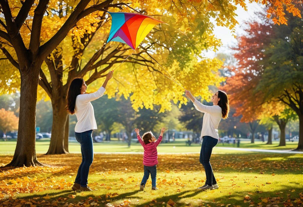 A warm, sunlit park scene showcasing a joyful mother and her child playing together, surrounded by trees adorned with colorful leaves. The mother is laughing while the child is flying a bright kite, symbolizing love and support. In the background, other families are enjoying similar bonding moments, creating a sense of community and kinship. The atmosphere is filled with vibrant colors reflecting happiness and warmth. super-realistic. vibrant colors. natural setting.